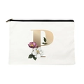 White canvas makeup bag featuring a golden letter P with floral patterns and zipper - Letter P