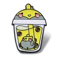 Cute cockatiel parrot and bubble tea enamel pin badge with yellow and grey details - Parrot Milk Tea