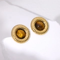 Retro gold plated stud earrings with tiger eye stone and hammered metal frame design - Tiger Eye Texture Gold (ER031-GA)