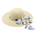 Beige wide brim straw sun hat featuring floral ribbon bow and pearl bead accents - M (56-58cm) / Beige