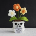 Crochet skull plant with funny flowers and emotional support card for Halloween decor - Halloween Puff Flower Yellow