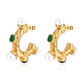 Pendientes C de acero inoxidable con perlas blancas y piedras preciosas verdes - Estilo de Incrustación de Perla y Circonita Verde (MS-243) / Dorado