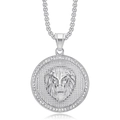 Detailed view of a silver lion head pendant with sparkling stones on a white background - White Eye Pendant (No Chain) / Steel