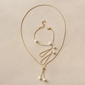 Golden pearl jewelry set featuring snake chain necklace, bracelet and earrings - KC Gold Pearl Earrings Bracelet Necklace 3Pcs Set (DZ-069)