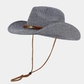 Detail showing blue and white woven cowboy straw hat with golden feather charm and cord - M (56-58cm) / Navy Blue