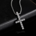 Close-up of iced out silver cross pendant with cubic zirconia and twisted rope chain - Silver (With 24 Inch Rope Chain)