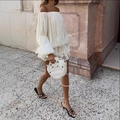 Off-shoulder white ruffled long sleeve mini dress with pleated texture for women - S / Milky White