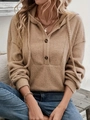 Women's camel ribbed knit hoodie with long sleeves and button-up neckline detail - S / Khaki