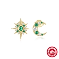 S925 sterling silver asymmetrical earrings with sun and moon motifs in gold and green - Gold Moon Star Style / 925 Silver
