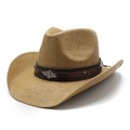 Classico cappello da cowboy in paglia kaki con fascia in pelle e borchie argentate - M(56-58cm) / Cachi