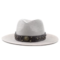 Detailed macro of woven straw hat featuring brown leather band and bronze rivets - M (56-58cm) / Gray