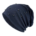 Gorro de punto slouchy azul oscuro para mujer con cuentas de perlas plateadas - M (56-58cm) / Azul marino