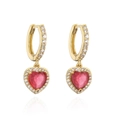 Golden heart drop earrings with red gradient crystal pendant and zircon accents - Gold Red Zirconia