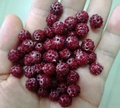 Hand holding vibrant red crystal clay beads with sparkling rhinestone pave and drill holes - Dark Red