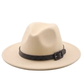 Classic beige wide brim wool fedora hat featuring a vintage brown decorative buckle belt - Beige