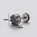 Macro shot of silver stainless steel men's stud earring with black zircon and dimensions - Carved Lotus Style (S63)