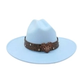 Light blue felt fedora hat with a brown embossed leather band and a rhinestone heart buckle - Light Blue