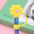 Yellow floral silicone straw cover for 10mm tumbler with daisy decoration and dust plug - Yellow Pink Flower / 10mm