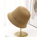 Knitted khaki bucket hat for women with JSHAT metal tag on a minimalist stand - Camel / M (56-58cm)