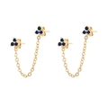 Detail of gold four-leaf clover chain earrings with dark blue zircon insets - Gold/Dark Blue Zirconia