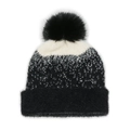 Nahaufnahme der schwarz-weißen Strickmütze mit Kunstfell-Pompon und weicher Mohair-Textur - Schwarz
