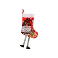 Plush Christmas stocking with Nordic gnome design and green striped long hanging legs - Red Plaid Hat Gnome