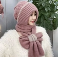 Winter knitted hood scarf for women in soft pink purple with decorative bow accent - Color Block Style / Dusty Pink