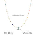 Detail view of gold stainless steel necklace with colored beads and 42cm+5cm length specs - Transparent Mixed Color Bead Style (HC-N40456)