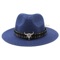 Cappello di paglia blu scuro stile Fedora con fascia etnica e teschio di toro - M (56-58cm) / Blu navy