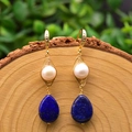 Handcrafted gold drop earrings with white pearl and blue lapis lazuli stone - Lapis Pearl Style