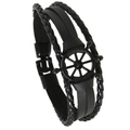 Retro multi-layer braided leather bracelet with black nautical ship wheel charm for men - Black