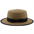 Flat top straw sun hat with black ribbon bow and edged brim for summer beach vacation - Khaki / M (56-58cm)