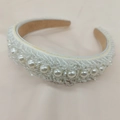 Elegant white headband featuring hand-stitched pearls and transparent crystal beads - Dense Artificial Pearl Beaded Style (Series 6-1)