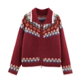 Cardigan da donna rosso in maglia con motivi etnici Fair Isle e doppia zip in metallo - S / Rosso