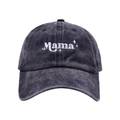 Detailed view of white Mama embroidery and stars on a vintage washed black baseball cap - Adjustable / Black