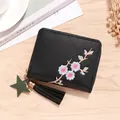 Short black PU leather wallet for women with floral embroidery and star tassel detail - Black (Flower Embroidery)