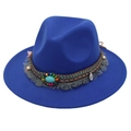 Detail of vibrant blue felt hat featuring ethnic woven bands and turquoise decor - Kids One Size (54cm) / Blue