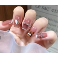 French tip press-on nails with cartoon tiger, rhinestones, and glitter finish - Glue Style (D-26)