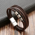 Close-up of multilayered brown and black leather bracelet with silver metal beads - 23CM / Coffee + Silver Clasp