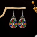 Bohemian silver drop earrings with colorful floral enamel patterns and crystals - Colorful Painted Rhinestone Teardrop Style (E5947-10)
