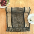 Handwoven table runner with black and beige cotton linen stitching and knotted tassels - Wide Stripe Black Coffee - Two-Tone Tassels / 30*50cm