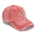 Detail of vintage washed cotton baseball cap featuring 1960 embroidery and distressed rips - One Size (56-60cm Adjustable) / Watermelon red