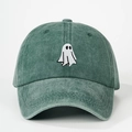 Vintage dark green washed cotton baseball cap with embroidered ghost for Halloween - Dark Green