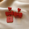 Red heart bow tassel earrings with Lucky and Peace Chinese charms on silk background - Peace and Joy Tag (59# Silver Needle-Red Peace and Joy)