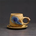 Japanese retro ceramic coffee cup and saucer set with blue glaze and twine handle - 236-a Round Handle Coffee Cup + Saucer (yellow) 300ml / Universal