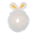 Detail of a white faux rabbit fur scrunchie with cute yellow-lined plush bunny ears - White Rabbit Ears