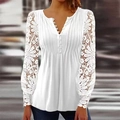 Close-up of white V-neck lace long sleeve top with button details and hollow-out texture - S / Tops / White