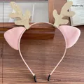 Pink and gold Christmas antler headband for girls with plush ears and glitter sequins - Pink Gold Reindeer Antlers