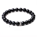 Black stripe agate beaded bracelet with a silver carved spacer on white background - SL351A10 Black Stripe Agate Bracelet