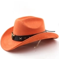 Detail of orange suede cowboy hat featuring vintage bull head metal buckle and black leather band - M (56-58cm) / Orange